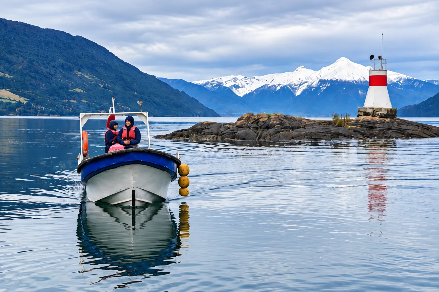 Bote con pasajeros con chaleco salvavidas, junto al faro y con el volcán nevado al fondo